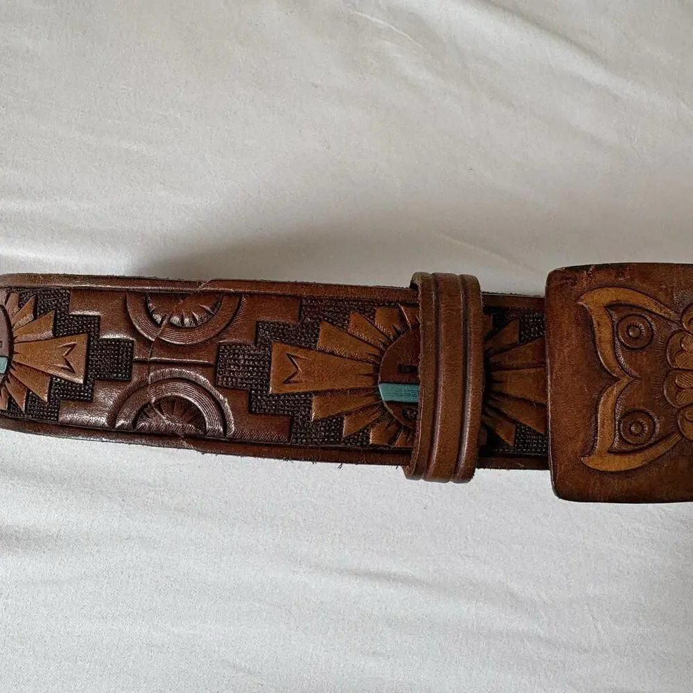 Vintage Chambers Tooled Belt with Buckle Southwestern Leather Fits Waist 24-30